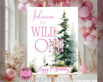 Wild One First Birthday Sign, Welcome Poster, Girl Woodland Theme Decor, Editable Canva Template