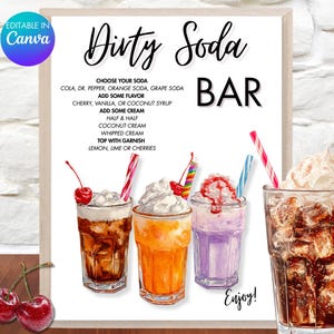 May include: A Dirty Soda Bar sign featuring a watercolour illustration of four soda drinks with whipped cream and garnishes. The sign includes text with soda flavour options and instructions. The sign is framed.