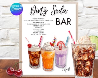 Letrero de bar de refrescos sucios, estación de bebidas para fiestas imprimible, plantilla editable de Canva, decoración de tienda de refrescos