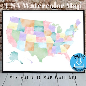 Große Landkarte der USA, druckbare Aquarell Wandkunst, US Reise Karte Poster, 50 Staaten Wanddekoration, Geschenk zum 1