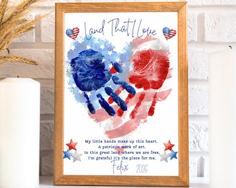 Fourth of July Handprint Craft, Patriotic Kids Printable, USA Flag Heart Art, Keepsake Template