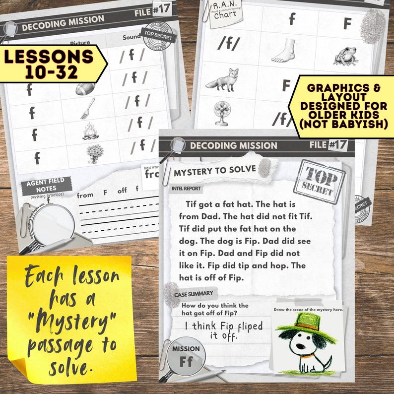 May include: Educational materials for older kids, featuring a decoding mission with lessons 10-32. The pages have a detective theme with text and illustrations, including a dog wearing a hat. The text includes the phrase "Mystery to Solve."