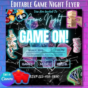 Flyer soirée match, invitation à une soirée match modifiable, jeux de cartes néon, modèle de toile imprimable, famille Couples adultes téléchargement numérique