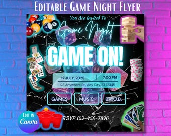 Modello di volantino per serata di giochi, invito a una festa al neon, design digitale modificabile su Canva, poster divertente per eventi