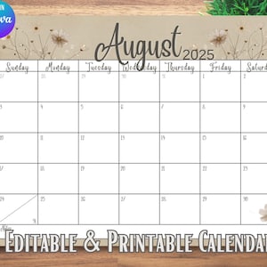 August 2025 Wildblumenkalender, druckbarer bearbeitbarer Planer für Zuhause & Schule, Neutraler sofortiger digitaler Download Kalender, Monat auf einen Blick