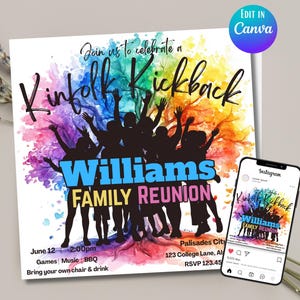 Puede incluir: Una invitación colorida para una reunión familiar con el texto "Join us to celebrate a Kinfolk Kickback Williams Family Reunion" y detalles sobre el evento, incluyendo la fecha, la hora, la ubicación y la información de RSVP.