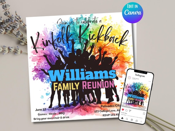 Family Reunion Invitation Template, Kinfolk Kickback Flyer, Colorful Canva Digital Invite, Picnic BBQ Evite
