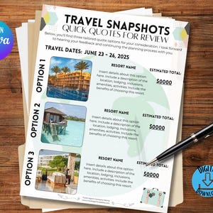 Peut inclure: Une feuille de devis de voyage imprimable avec trois options de forfaits vacances. Chaque option comprend une photo d'un hôtel, le nom de l'hôtel, le coût total estimé et un espace pour ajouter des détails sur l'hôtel. La feuille comprend le texte "Travel Snapshots" et "Quick Quotes for Review".