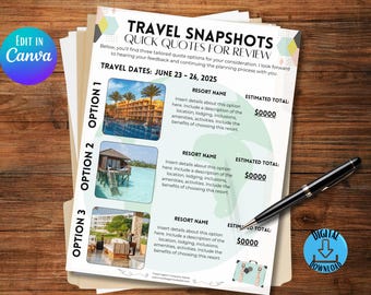 Travel Agent Quote Template, Quick Proposal Form, Canva Travel Planner, Client Itinerary, Digital Download