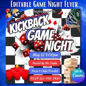 Volantino per serata di gioco, invito modificabile per festa in casa Kickback, giochi da tavolo, giochi di carte, modello Canva stampabile, download digitale per serata di gioco in famiglia