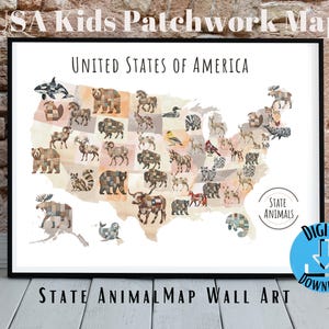 Große Kinder USA Karte, druckbare Zustand Tiere Wandkunst, US Travel Map Poster, 50 Bundesstaaten Wanddekoration, Kinderzimmer Wandkunst, Folk Klassenzimmer Dekor