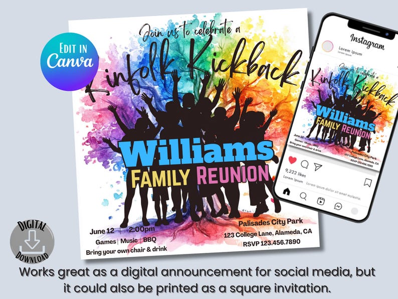 Family Reunion Flyer Canva Template, Kinfolk Kickback Colorful Invitation, Family Reunion Games Invite, Family Picnic Editable Custom Flyer