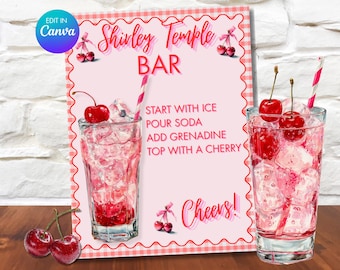 Shirley Temple Bar Sign, Pink Mocktail Recipe, Coquette Party Drink Station, Editable Canva Template
