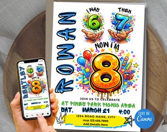 8th Birthday Invitation, Eight Party Boy, 6 7 8 printable invite, editable six seven template