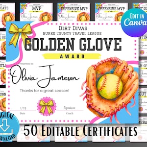 May include: Digital download of 50 editable baseball certificates. The main certificate features a watercolor illustration of a baseball glove and ball, with text that reads "Golden Glove Award". The certificates are designed for the Burke County Travel League.