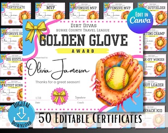 Softball Award Certificates, Editable Player Recognition, End of Season Team Awards, Canva Printable Templates