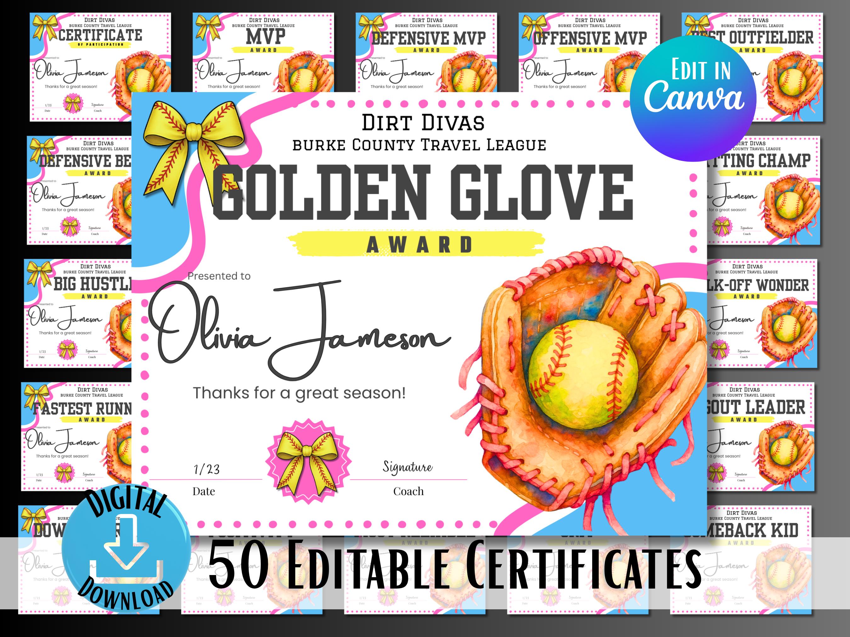 Congratulations Softball Softball Award Certificates, Editable Player Recognition, End of Season ...