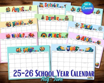 2025-2026 School Calendar, Academic Planner Printable, Monthly Teacher Calendar, Editable Canva PDF Download