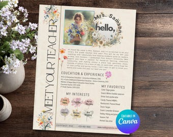 Meet the Teacher Template, Boho Wildflower Editable Flyer, Neutral Canva Design, Back to School