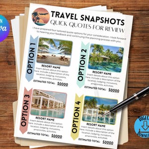 Könnte beinhalten: Ein Dokument mit dem Titel "TRAVEL SNAPSHOTS QUICK QUOTES FOR REVIEW" mit vier Resort-Optionen, die jeweils ein Foto und Platz für Details enthalten. Ein schwarzer Stift liegt auf dem Dokument, und ein "DIGITAL DOWNLOAD"-Abzeichen ist sichtbar.