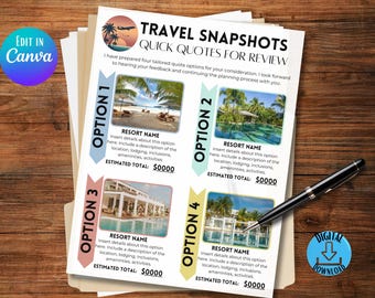 Travel Agent Quote Template Canva, 4 Options Vacation Proposal Template, Advisor Client Sheet