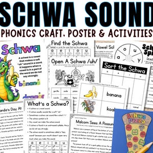 May include: A collection of educational phonics worksheets and activity sheets titled Schwa Sound Phonics Craft, Poster & Activities. The materials include a colourful dragon poster, word sorting grids, reading passages, and a pizza-themed craft.