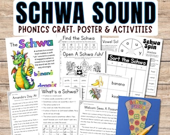 Schwa Sound Activities, Phonics Worksheets, Reading Passages, Games, Posters, Pizza Craft, Science of Reading