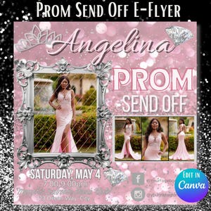 Puede incluir: Flyer electrónico rosa para la despedida de graduación con el nombre "Angelina" en cursiva. El diseño incluye una foto de una persona con un vestido rosa, gráficos de diamantes y el texto "PROM SEND OFF". También se muestra la fecha y la hora.
