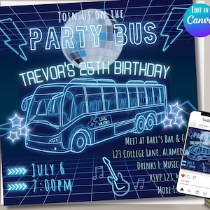 Neon Blue Party Bus Birthday Invitation: VIP Canva Template (Digital Download Evite)