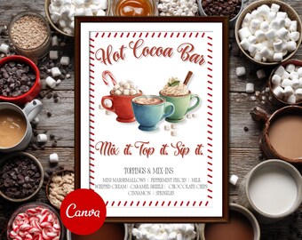 Placa de bar de chocolate quente, decoração para festa de Natal, pôster de estação de coberturas de chocolate para festas, casamento de inverno