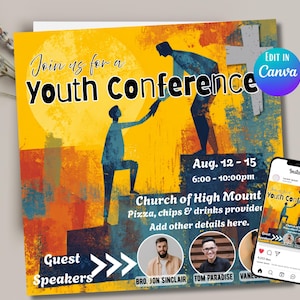 May include: A promotional poster for a youth conference with the text "Join us for a Youth Conference" in large, bold letters. The poster features illustrations of people and a cross, with the dates August 12-15 and the time 6:00-10:00pm. A smartphone displays the same design.