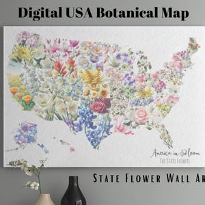 Große USA Karte Wandkunst, Zustand Blumendruck, Zustand Blume Aquarell Kunst, Amerika Symbole botanisches Poster, druckbares Blumendekor