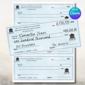 May include: Light blue checks with the text "Bank of Abundance" and "Samantha Jones" written on them. One check is filled out for $100,000.00. The checks have a light blue background and a bank logo.