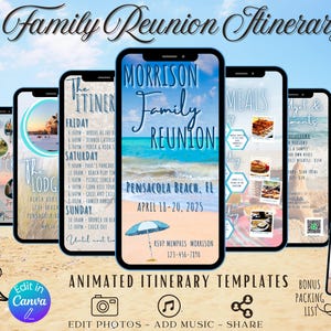 Könnte beinhalten: Ein Satz animierter Routenplanvorlagen für ein Familientreffen in Pensacola Beach, Florida. Die Vorlagen zeigen eine Strandszene mit blauem Himmel, Meer und Palmen. Der Text auf den Vorlagen enthält die Daten des Treffens, den Namen der Familie und den Ort. Die Vorlagen sind für die Verwendung mit Canva, einer beliebten Online-Designplattform, konzipiert.