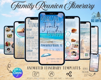 Family Reunion Itinerary Template, Beach Trip Planner, Editable Canva Schedule, Mobile Digital Itinerary Download