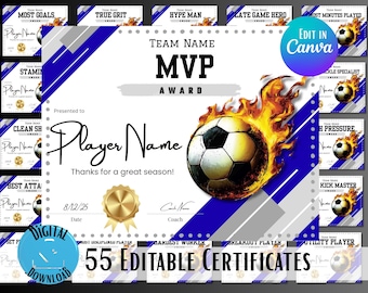 Editable Soccer Award Certificates, 55 Printable Templates, End of Season Team Awards, Canva PDF