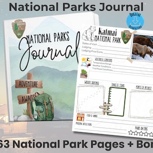 National Park Journal, 63 US Parks Reise-Ferien-Tagebuch, Abenteuer Wandern Notizbuch, Bucket List für RV Camping druckbares Tagebuch Feldnotiz