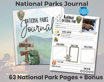 National Parks Journal, US Travel Diary Printable, 63 Park Pages, RV Camping Adventure Log