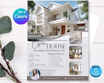 Modern Real Estate Open House Flyer Template (Canva Editable, 8.5x11) (Digital Download)