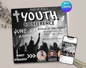 May include: Black and white flyer for a youth conference. The flyer features a cross, the words "Youth Conference", and the date "June 27". The flyer also includes the names of two guest speakers, Jake Sinclair and Tom Paradise.