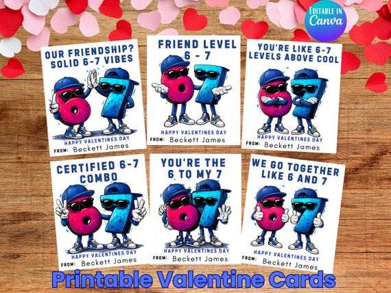 67 Boys Valentine Cards Printable, 6-7 Trend, Kids Classroom Exchange, Tween Class Gift Tags