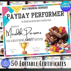 May include: A collection of 50 editable certificates with various designs. The main certificate reads "Payday Performer" and features a chocolate bar and candy illustration. The certificates are for self-financial services.
