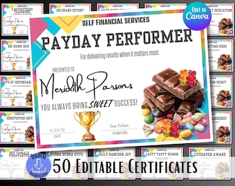 Employee Candy Award Certificates, Editable Office Recognition, Funny Work Team Awards, Fun Printable Templates