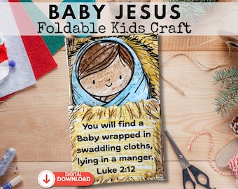 Faltbares Baby Jesus Manger Craft, Krippenfigur, druckbare Aktivität, christliches Weihnachtssonntagsschul-Kids-Projekt