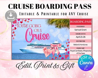 Cruise Ticket Boarding Pass: Surprise Vacation Reveal (Canva Editable, Digital Download)