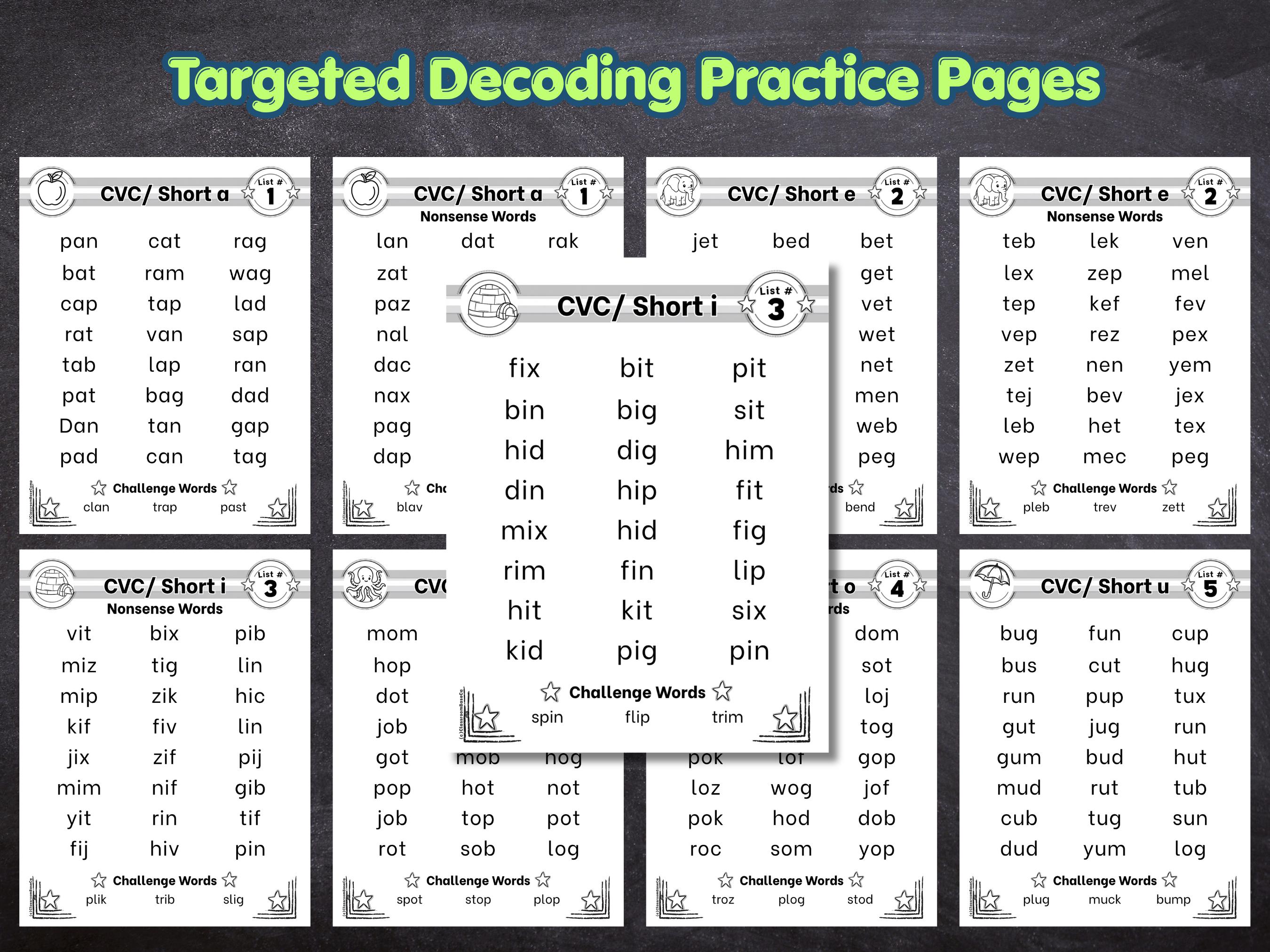 Phonics Word Lists, Decoding CVC Words Digraph Practice, Kindergarten ...