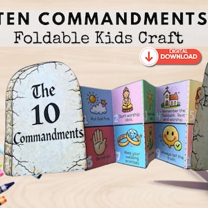 Puede incluir: Una colorida manualidad plegable para niños titulada "Diez Mandamientos". La manualidad presenta ilustraciones y texto de los mandamientos, con un botón de descarga digital. Se ven crayones y tijeras en el fondo.