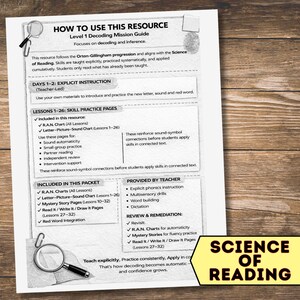 May include: A white educational resource guide titled "How to Use This Resource" with the text "Level 1 Decoding Mission Guide." The guide focuses on decoding and inference, with sections on explicit instruction and skill practice pages. The phrase "Science of Reading" is also visible.