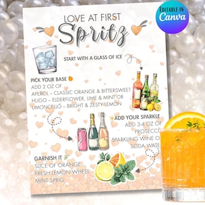 Editable Love At First Spritz Bar Sign Canva Template Printable Aperol Spritz Cocktail Menu Wedding Signature Drink Sign Bridal Shower Decor