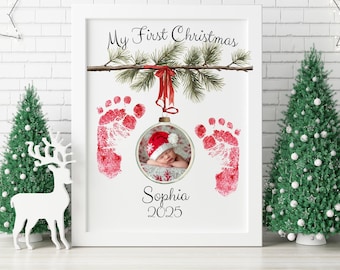 My First Christmas Handprint Footprint Keepsake Craft, Baby Photo Printable, Editable Kids Newborn Gift